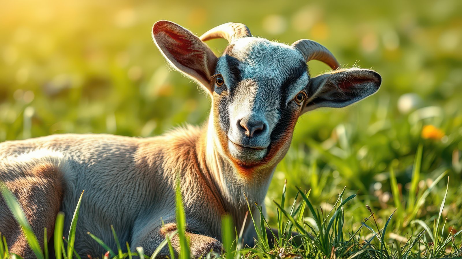 Goat relaxing in a sunlit meadow during a warm afternoon on a farm